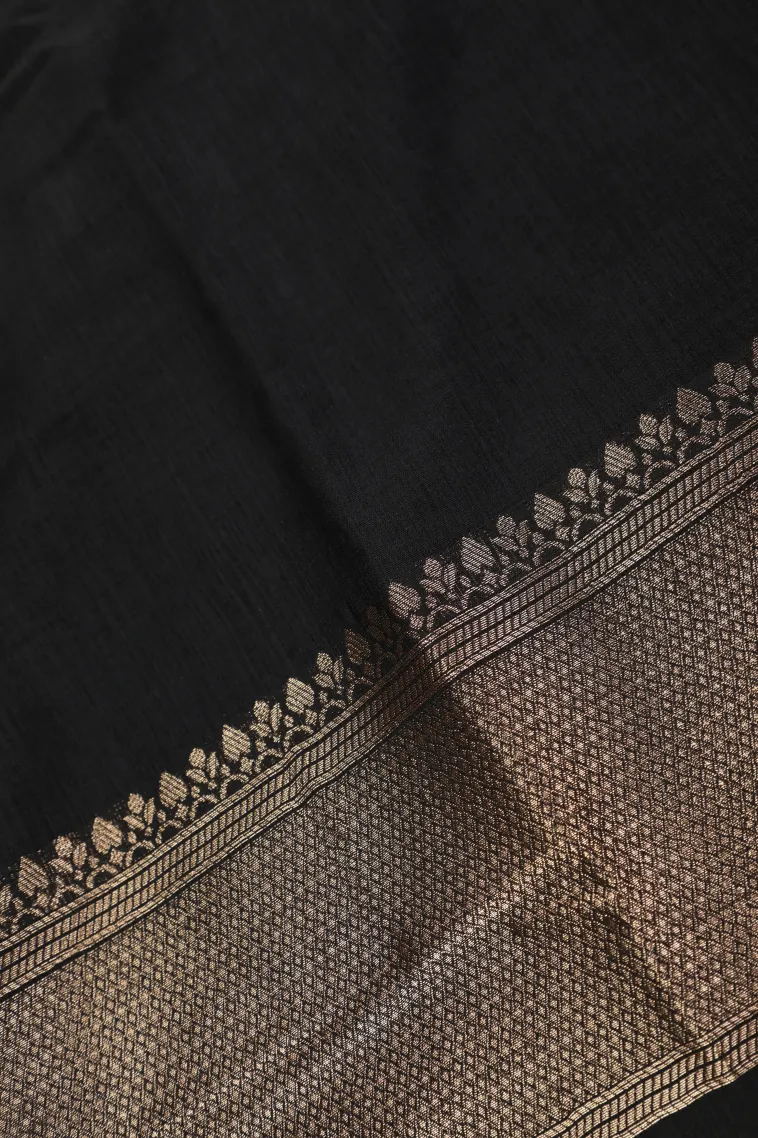 Asphalt Black Semi Tussar Silk with Bronze Zari Floral Patterns view 3