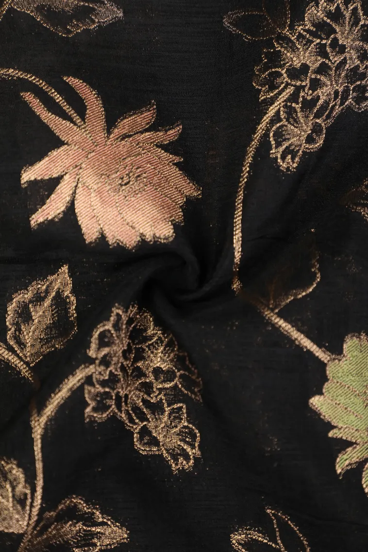Asphalt Black Semi Tussar Silk with Bronze Zari Floral Patterns view 4