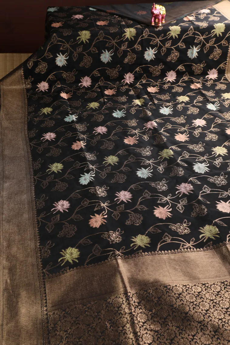 Asphalt Black Semi Tussar Silk with Bronze Zari Floral Patterns view 2