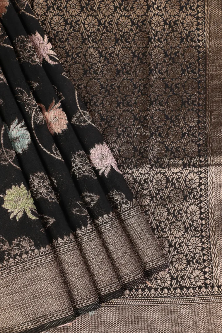 Asphalt Black Semi Tussar Silk with Bronze Zari Floral Patterns