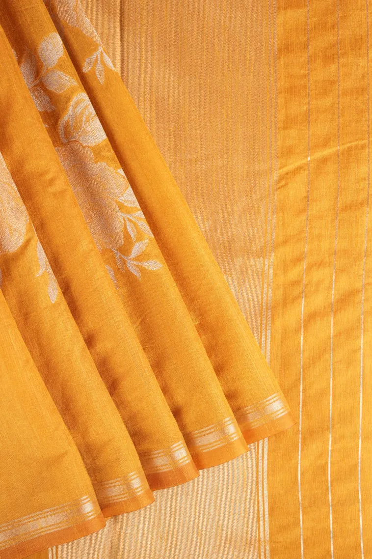 Macaroon Yellow Jute Sarees with Gold And Silver Zari Flower Mottif