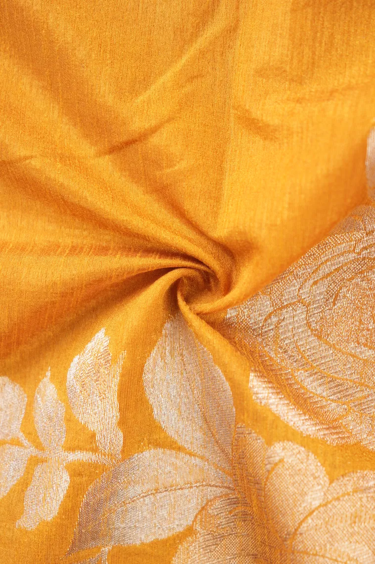 Macaroon Yellow Jute Sarees with Gold And Silver Zari Flower Mottif view 4