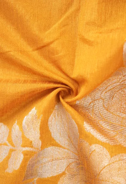 Macaroon Yellow Jute Sarees with Gold And Silver Zari Flower Mottif