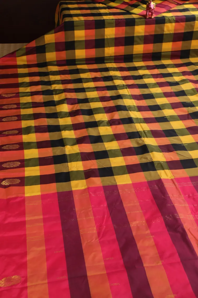 Lemon Yellow Arani Silk Sarees with Gold Zari Checks And Puttas view 2