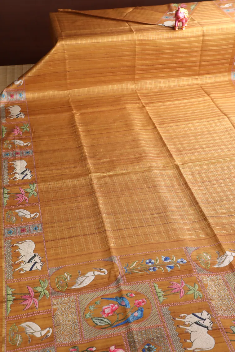 Gold Tussar Saree with Gold Zari Checks view 2