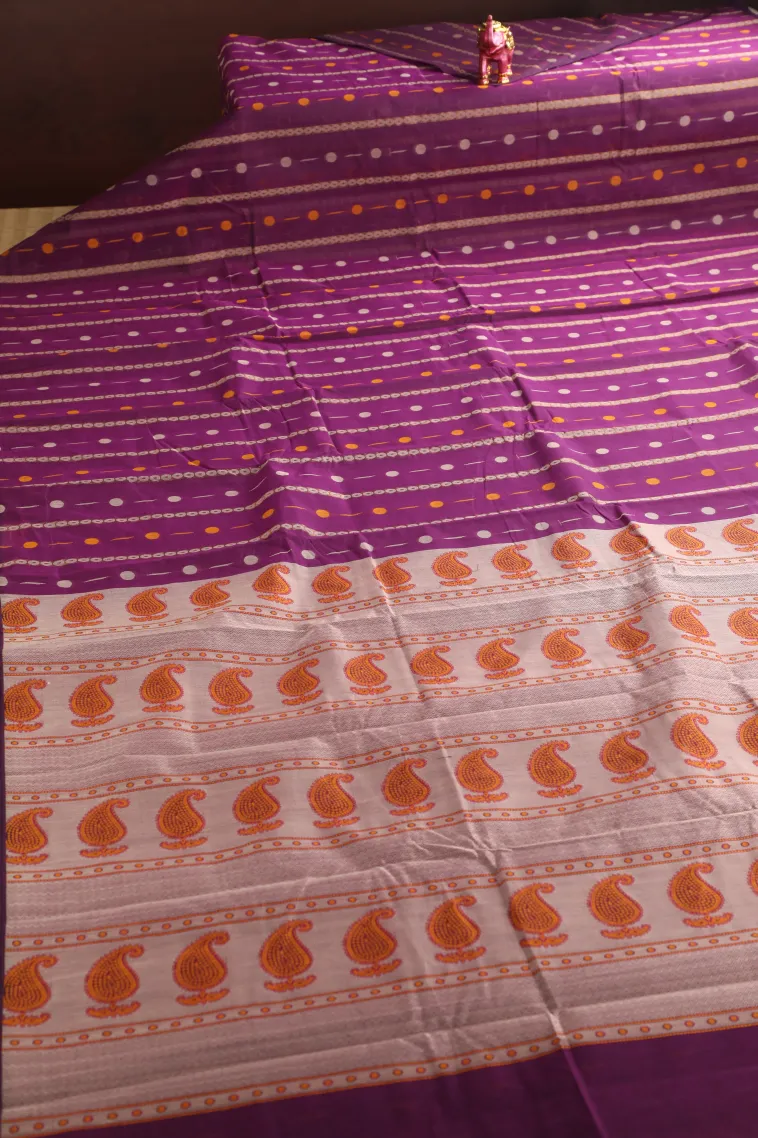 Viola Purple Kanchi Cotton Sarees Without Zari With Stripes And Puttas view 2