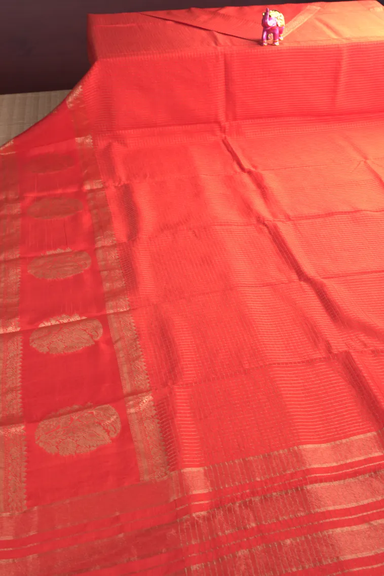 Fire Orange Banaras Sarees with Gold Zari Small Checks Pattern view 2