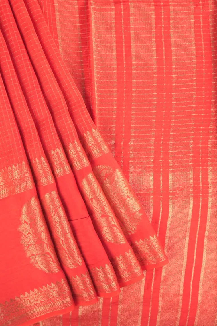 Fire Orange Banaras Sarees with Gold Zari Small Checks Pattern