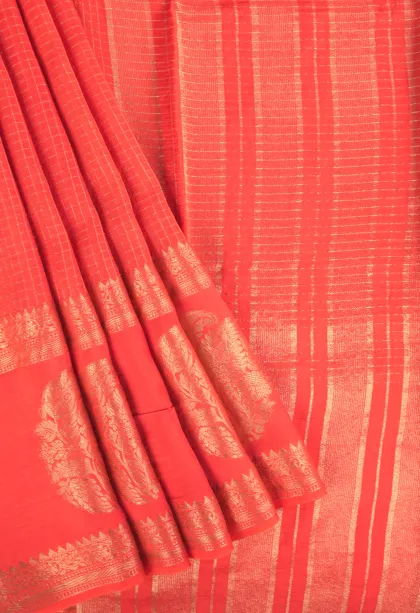 Fire Orange Banaras Sarees with Gold Zari Small Checks Pattern