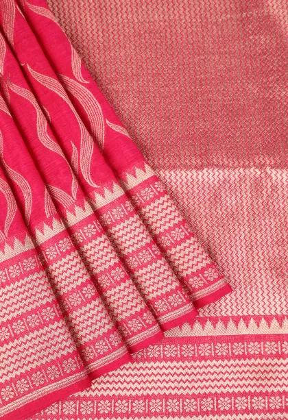 Magenta Pink Banaras Sarees with Copper Zari Leaf Pattern