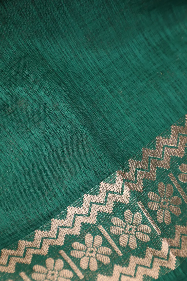 Bottle Green Banaras Sarees with Copper Zari Leaf Pattern view 3