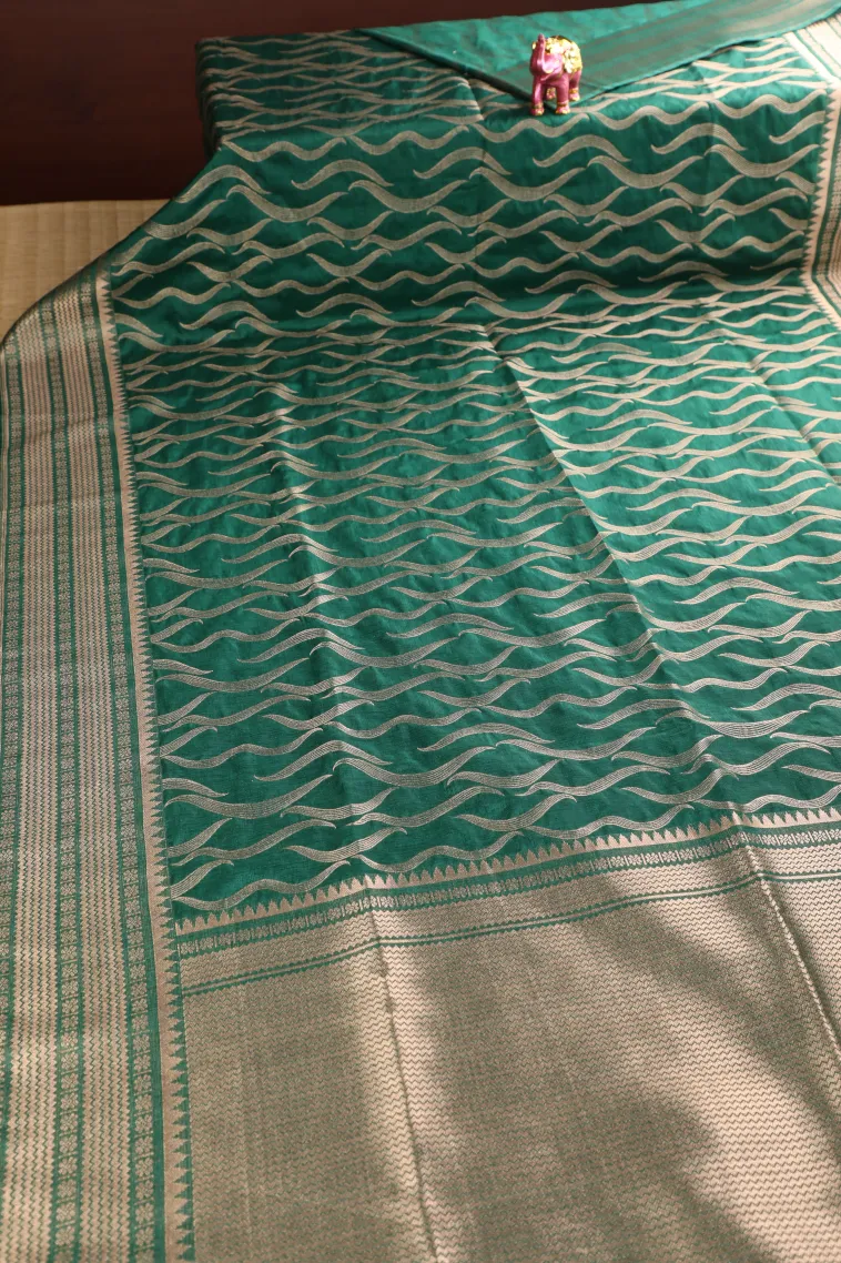Bottle Green Banaras Sarees with Copper Zari Leaf Pattern view 2