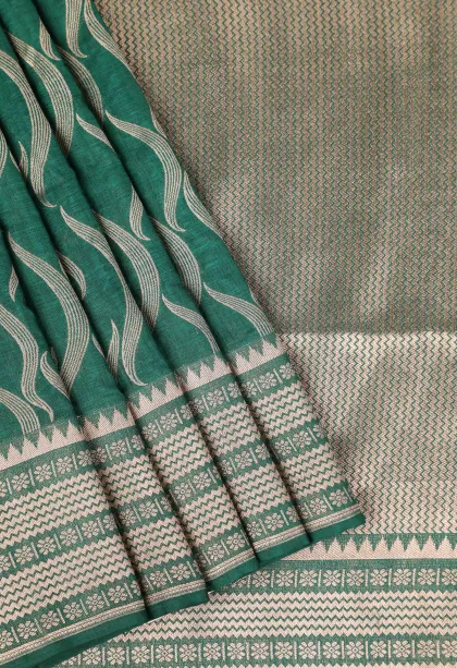 Bottle Green Banaras Sarees with Copper Zari Leaf Pattern