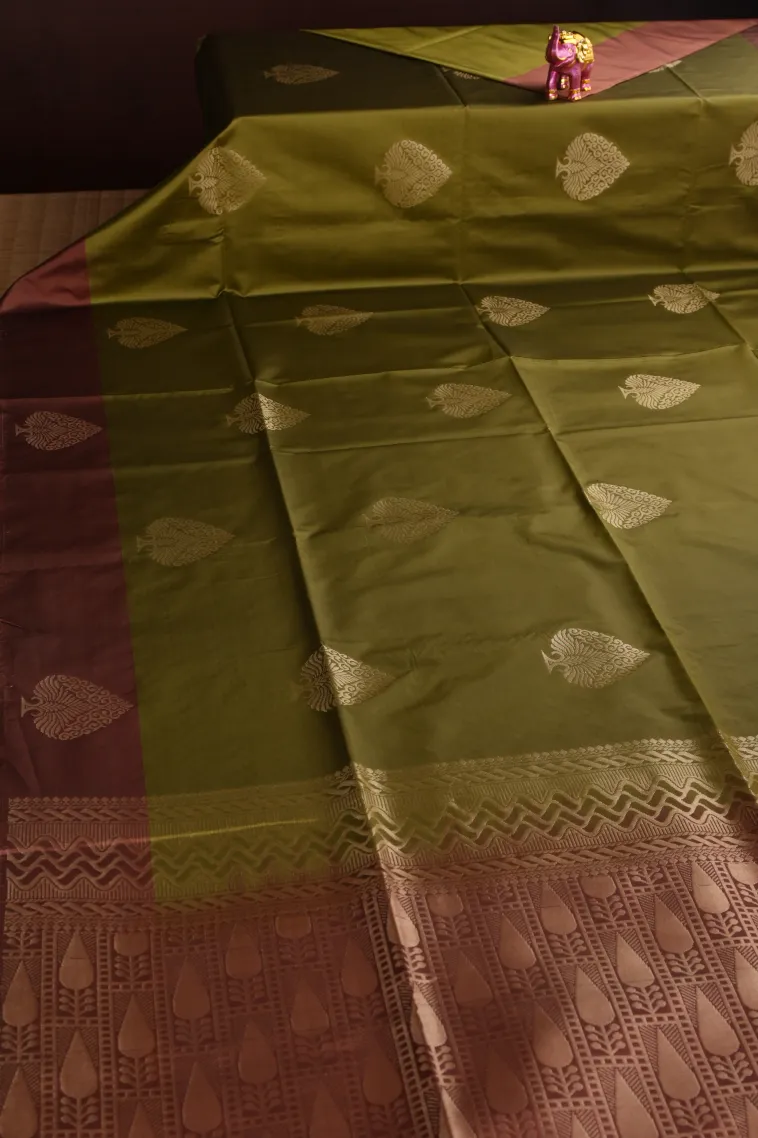 Olive Green Soft Silk Saree with Gold Zari Tree Mottif view 2