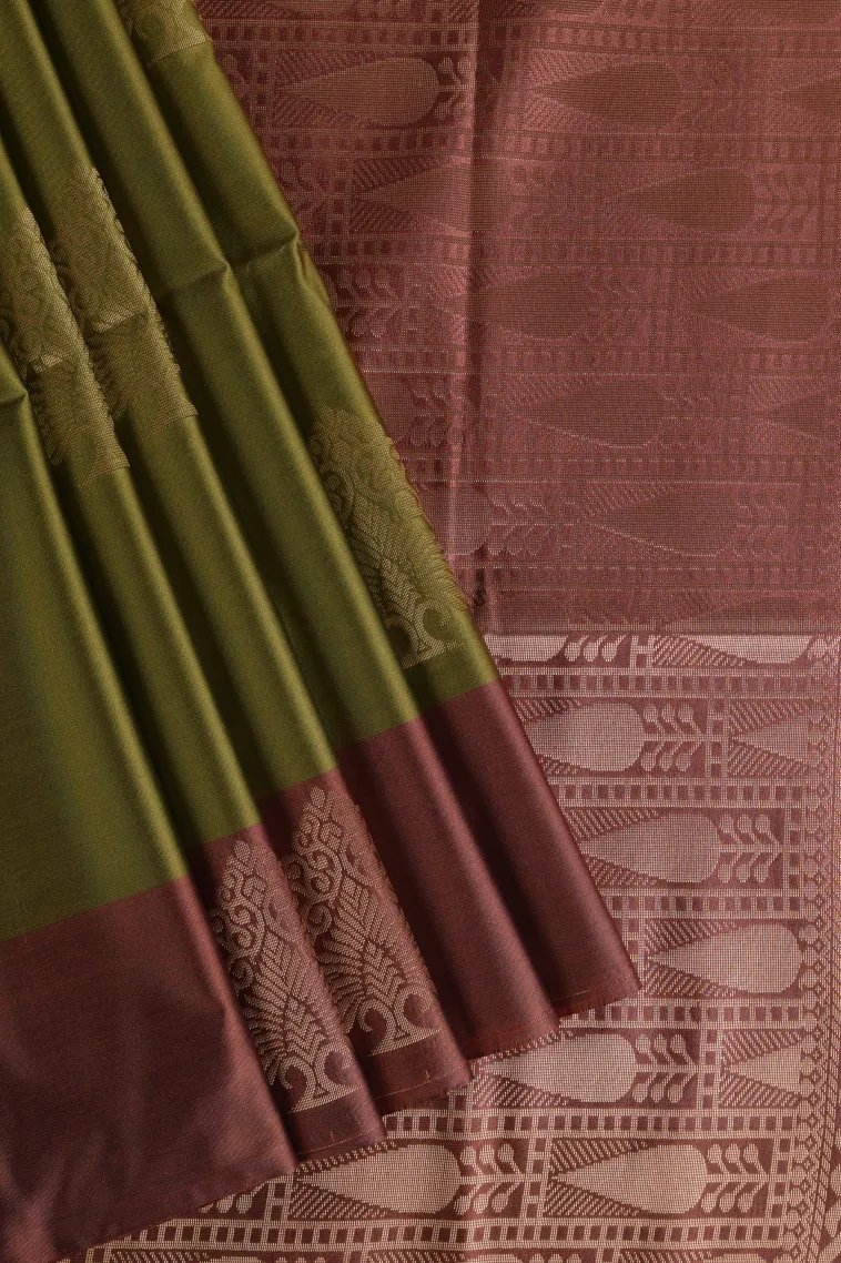 Olive Green Soft Silk Saree with Gold Zari Tree Mottif