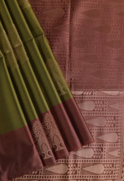 Olive Green Soft Silk Saree with Gold Zari Tree Mottif