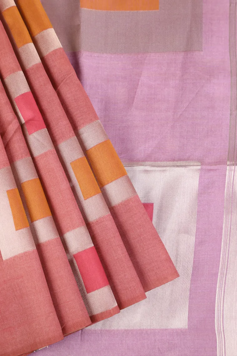 Blush Red Jute Sarees with Bronze Zari Geometric Shapes