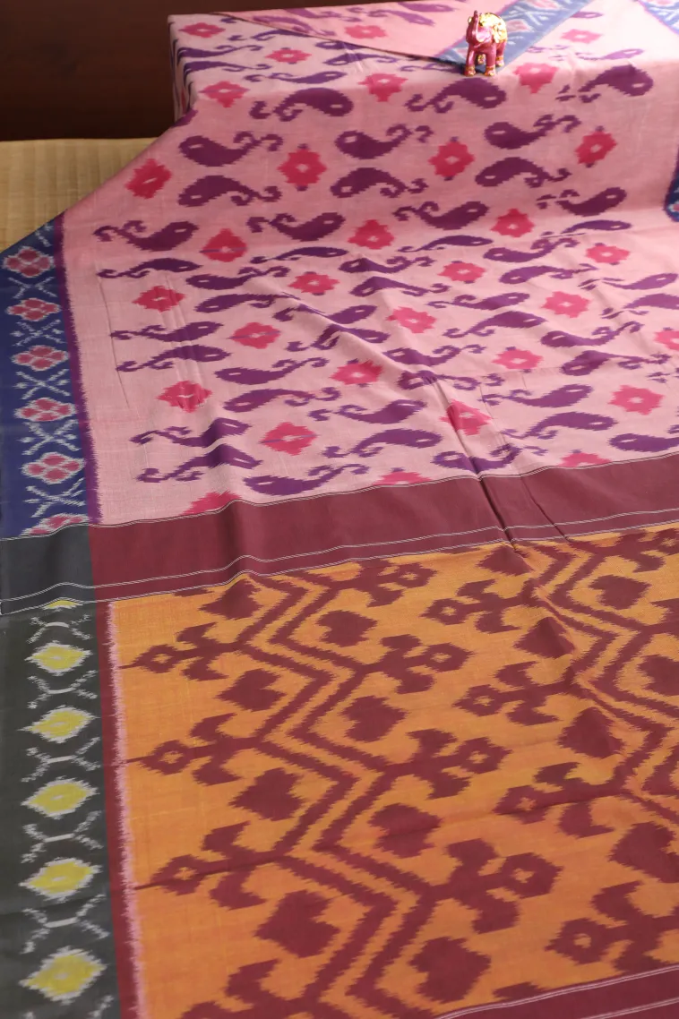 Lemonade Pink Ikkat Cotton Sarees Without Zari With Geometric Shapes view 2
