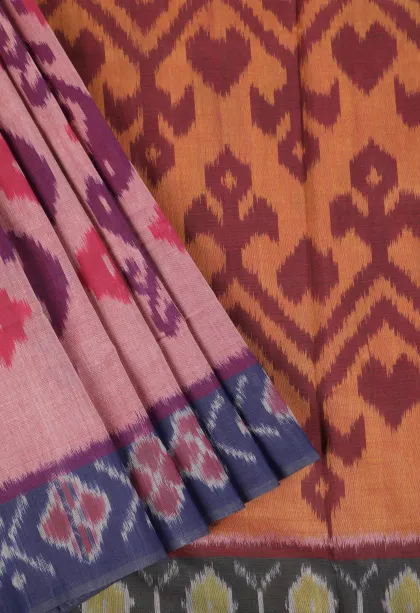 Lemonade Pink Ikkat Cotton Sarees Without Zari With Geometric Shapes