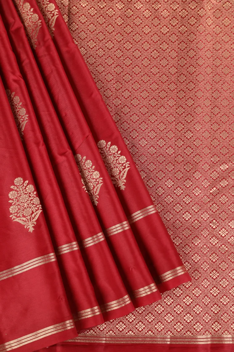 Apple Red Mysore Silk with Gold Zari Flower Mottif
