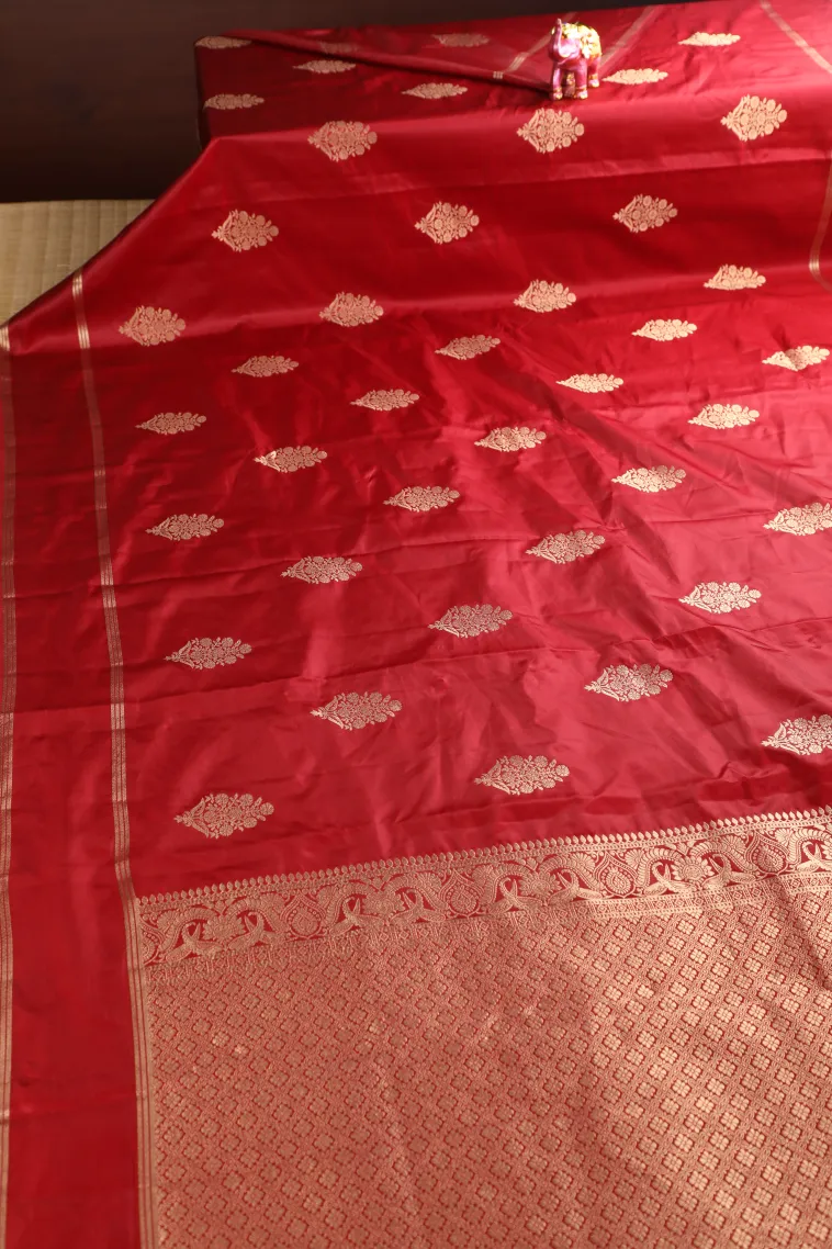 Apple Red Mysore Silk with Gold Zari Flower Mottif view 2
