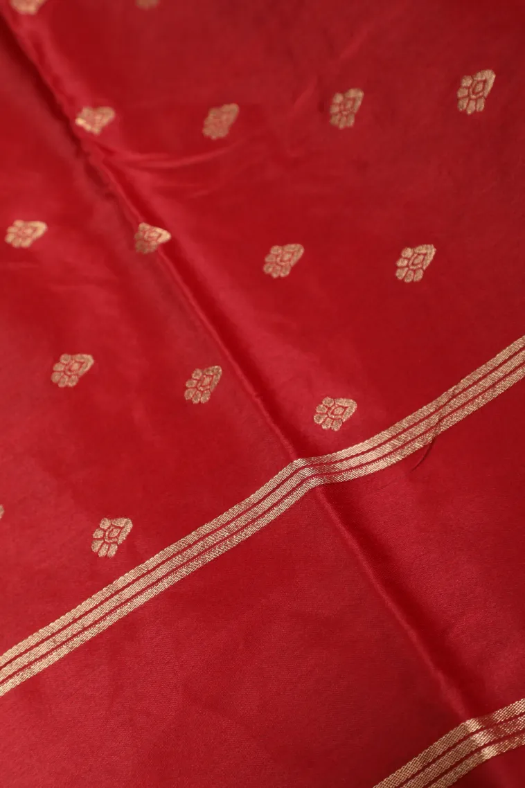 Apple Red Mysore Silk with Gold Zari Flower Mottif view 3