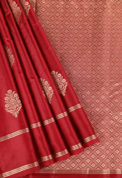 Apple Red Mysore Silk with Gold Zari Flower Mottif