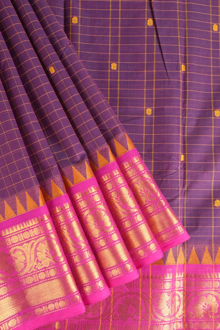 Viola Purple Chettinad Cotton Sarees with Gold Zari Checks And Puttas