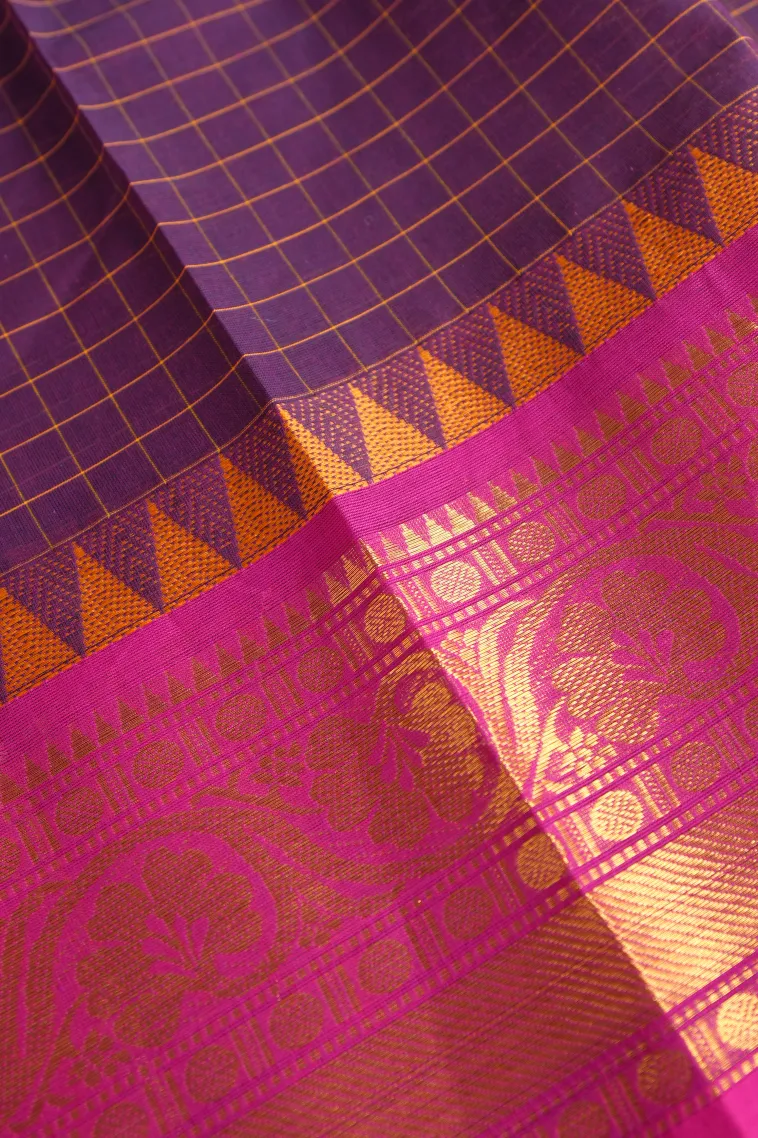 Viola Purple Chettinad Cotton Sarees with Gold Zari Checks And Puttas view 3