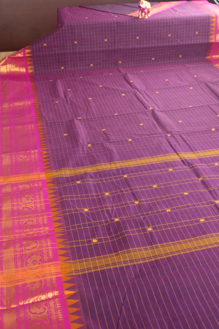 Viola Purple Chettinad Cotton Sarees with Gold Zari Checks And Puttas view 2