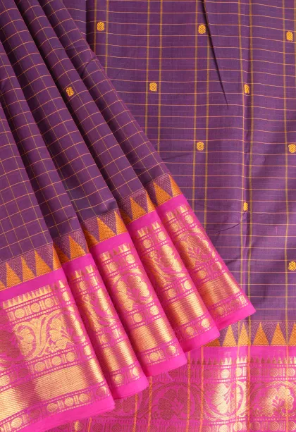 Viola Purple Chettinad Cotton Sarees with Gold Zari Checks And Puttas
