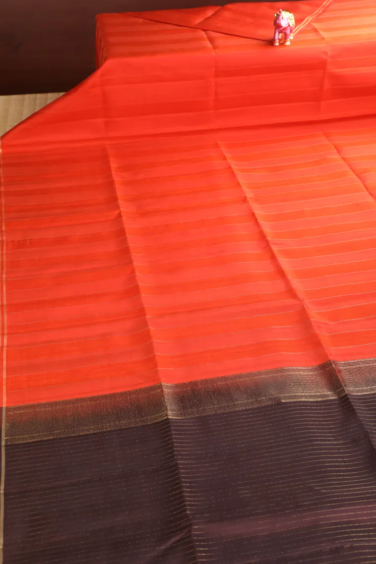 Fire Orange Soft Silk Saree with Gold Zari Stripes view 2