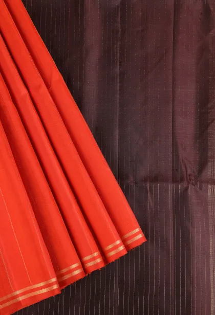Fire Orange Soft Silk Saree with Gold Zari Stripes