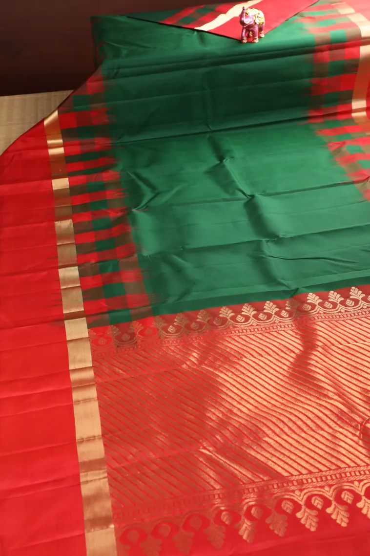 Bottle Green Soft Silk Saree with Gold Zari Plain view 2