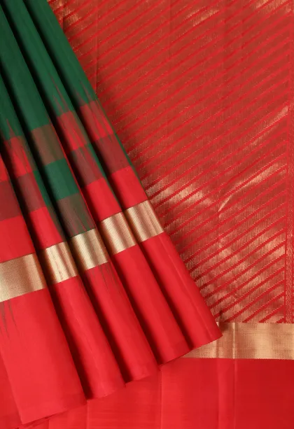 Bottle Green Soft Silk Saree with Gold Zari Plain