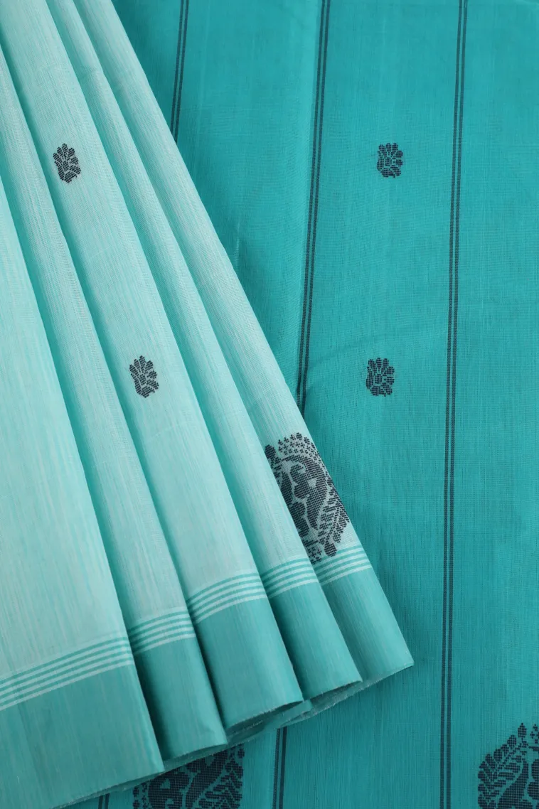 Arctic Blue Kanchi Cotton Sarees Without Zari With Flower Mottif