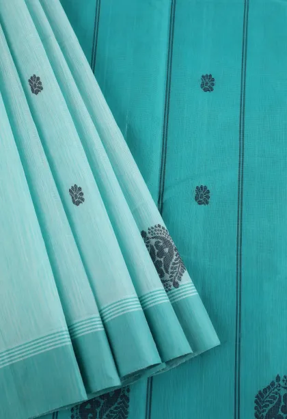 Arctic Blue Kanchi Cotton Sarees Without Zari With Flower Mottif