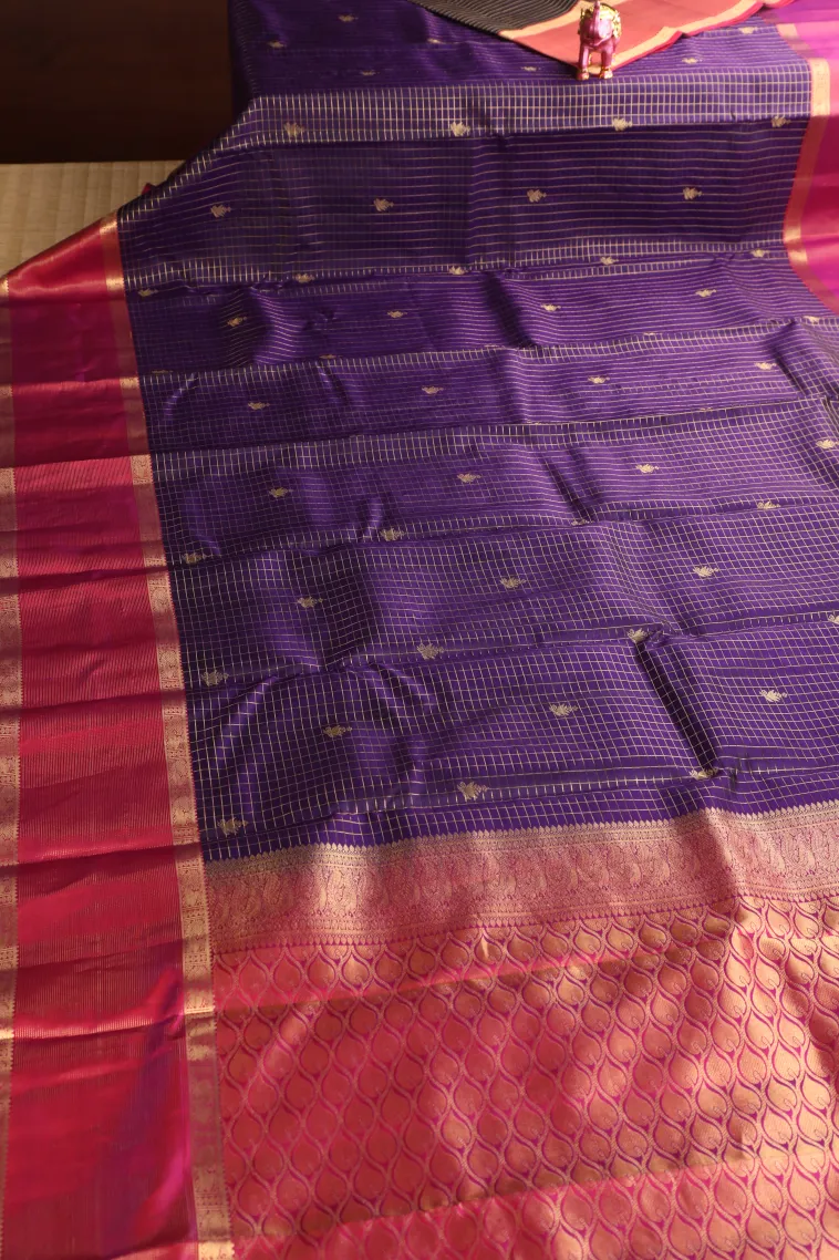 Viola Purple Soft Silk Saree with Gold Zari Checks And Puttas view 2