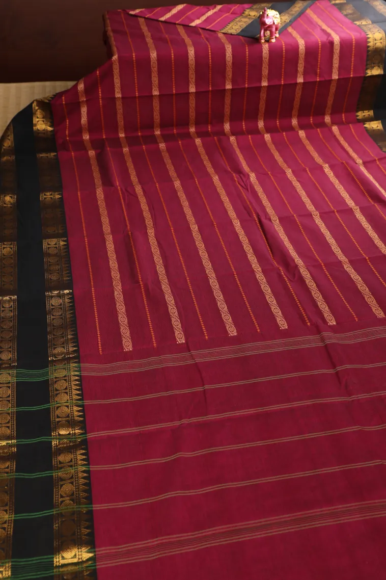 Magenta Purple Chettinad Cotton Sarees with Gold Zari Cross Stripes view 2