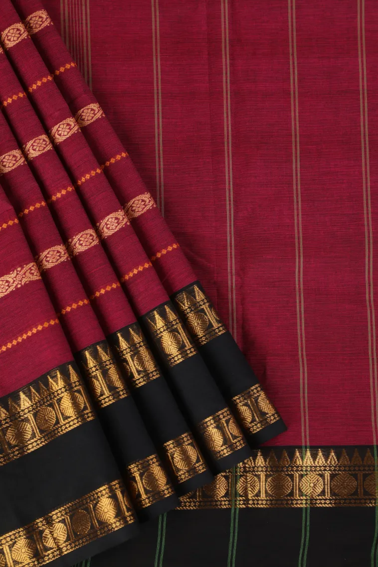 Magenta Purple Chettinad Cotton Sarees with Gold Zari Cross Stripes