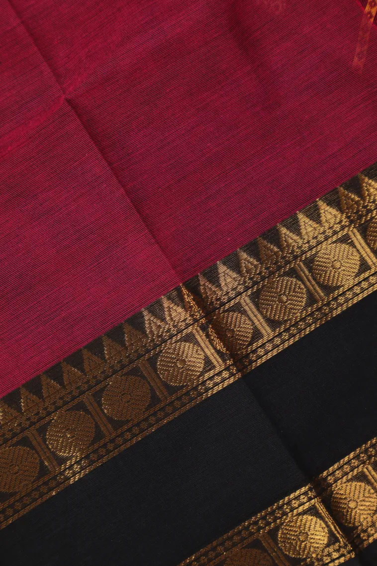 Magenta Purple Chettinad Cotton Sarees with Gold Zari Cross Stripes view 3