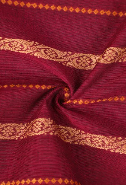 Magenta Purple Chettinad Cotton Sarees with Gold Zari Cross Stripes