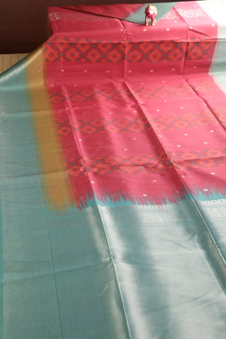 Apple Red Tussar Saree with Bronze Zari Ikkat view 2