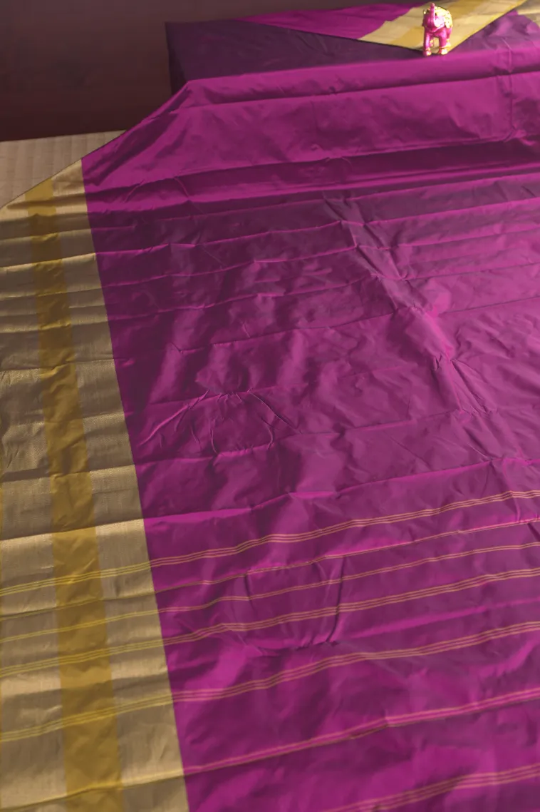 Magenta Purple Arani Silk Sarees with Gold Zari Plain view 2