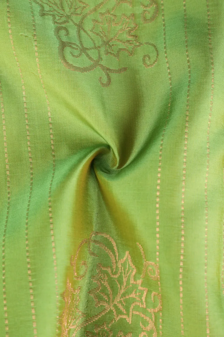 Lime Green Soft Silk Saree with Gold Zari Stripes And Puttas view 4