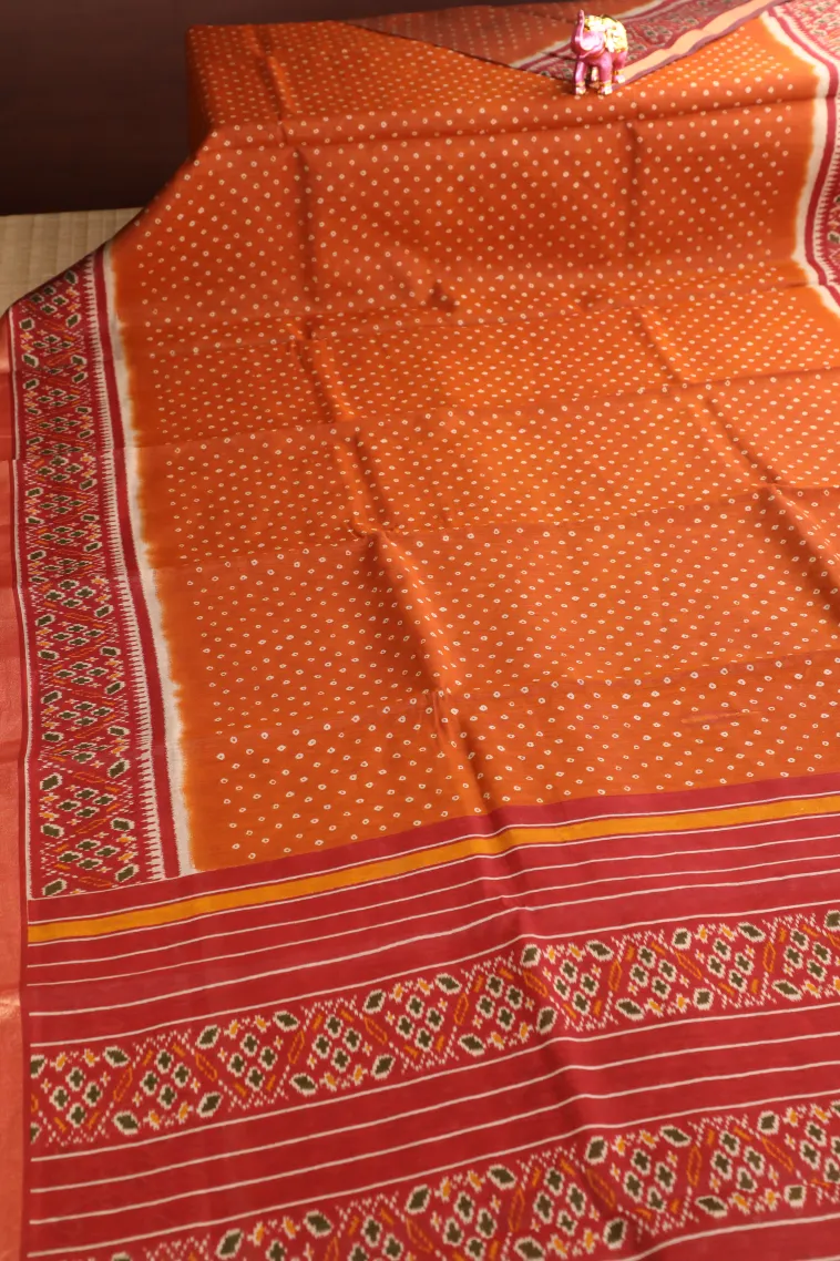 Fire Orange Chanderi Cotton Sarees Without Zari With Pathik Motifs view 2