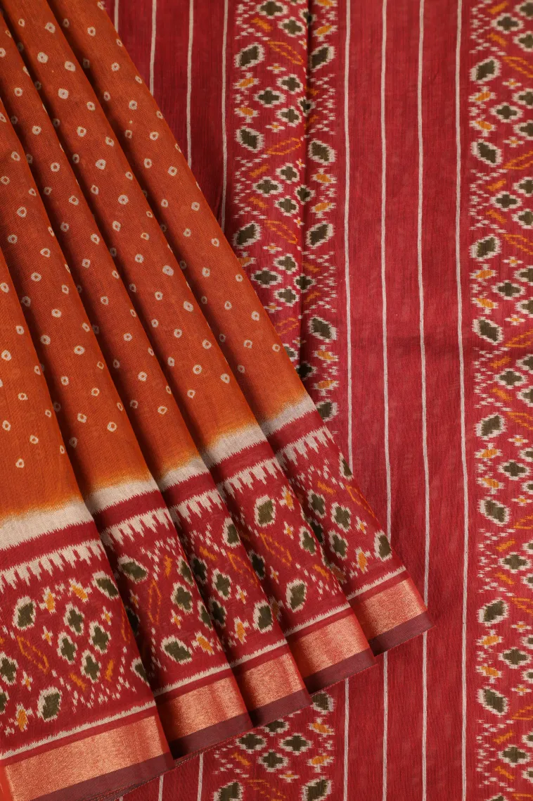 Fire Orange Chanderi Cotton Sarees Without Zari With Pathik Motifs view 1