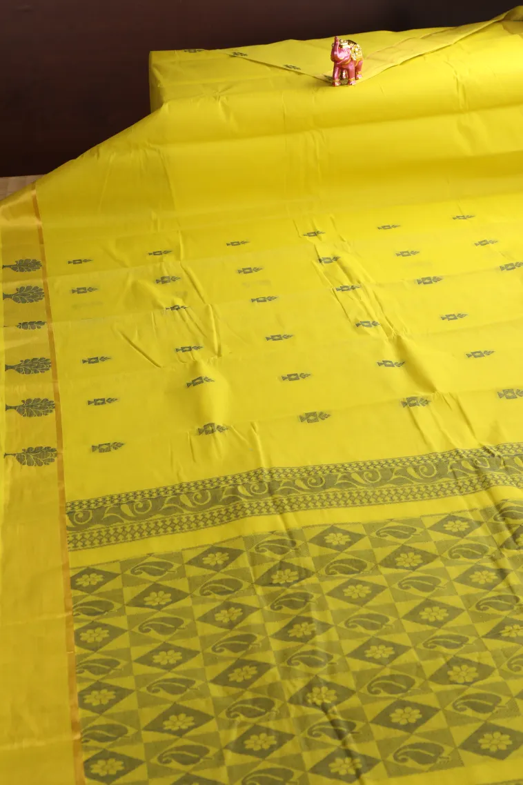 Lemon Yellow Kanchi Cotton Sarees with Gold Zari Buttis (small Dots Or Motifs) view 2