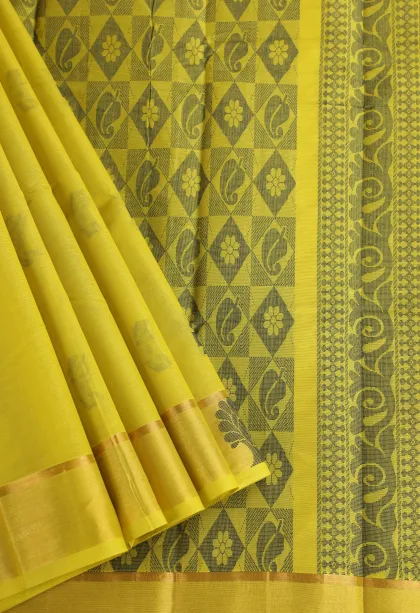 Lemon Yellow Kanchi Cotton Sarees with Gold Zari Buttis (small Dots Or Motifs)