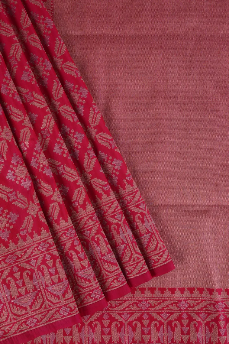 Punch Pink Tissue Banaras with Gold And Silver Zari Geometric Shapes
